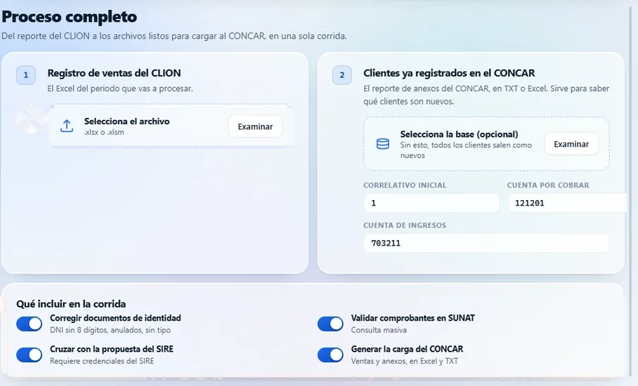 Pantalla de proceso completo de DATATAX SUITE
